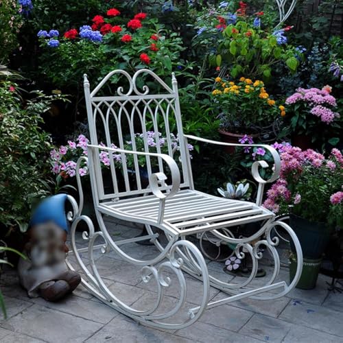 Mecedora de hierro forjado para exteriores, banco de jardín blanco para decoración de patio y parque, cómodo asiento de ocio (tamaño: 57 cm)