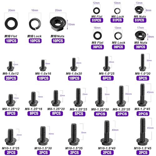 Image of Taiss 400PCS Metric Flange Bolt Assortment Kit,M6x1.0, M8x1.25, M10x1.5 Bolts(12mm to 45mm),Hex Bolts and Nuts Washers Kit,Metric Bolt Assortment for Automotive Fasteners,10.9 Black Zinc Galvanized