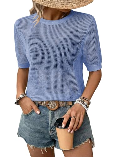 Image of Dokotoo Womens Summer Short Sleeve Crochet Tops Hollow Out Floral Sweaters Beach Vacation Cruise Outfits