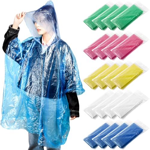 20 Pack Disposable Rain Ponchos for Adults, Clear Plastic Emergency Raincoats with Hood, Individually Wrapped Bulk Rain Ponchos Waterproof Family Pack Camping