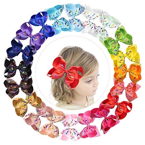 CHLONG 6" Hand-made Butique Ribbon Hair Bow Large Hair Clips for Girls Teens Kids 20pcs(Unicorn)