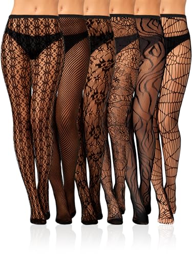 6 Pairs Halloween Fishnet Stockings Women Lace Tights Patterned Fishnet Thigh High Waist Goth Leggings Pantyhose