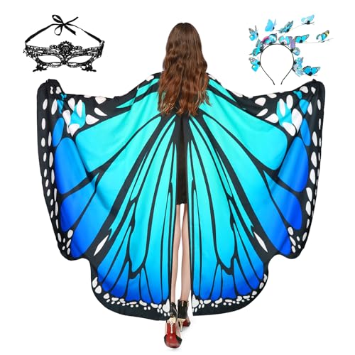 Deguisement femme Cape d'ailes de Papillon Femme Papillon d'Écharpe Adulte + Serre-tête Papillon+ Masque pour Les Yeux en dentelleCostume Déguisement pour Halloween Carnaval Cosplay Mascarade