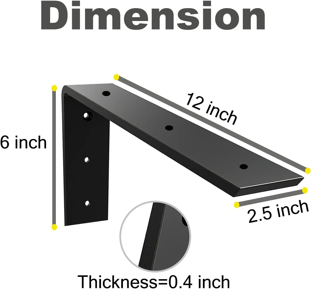 WINKER Countertop Support Bracket 2 Pack Heavy Duty 3/8" Thick Hidden L Shelf Bracket 12" x 6" x 2.5" Metal Corbels for Quartz/Granite/Wood/Concrete/Laminate Countertops, Black