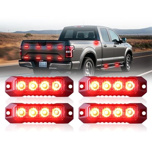 Nrgedzam 4pcs 4-LED Red Mini Strobe Light, Surface Mount Emergency Safety Beacon Warning Light Grill Grille Side Marker Red Flashing Strobe Light for Trucks VehiclesTractor Car, Sync Feature