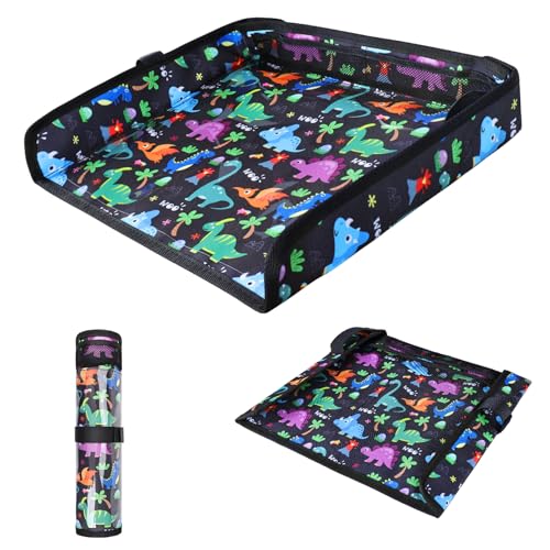COOLBEBE Airplane Tray Table Cover Foldable Travel Tray Cover for Toddlers 1-3 Universal Fit for Airplane Car Seat High Chair Machine Washable Portable Black Dinosaur