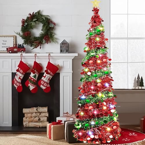 Qivine Artificial Christmas Tree, 5FT Collapsible Christmas Tree, Pop Up Tinsel Trees with 50 Leds Lights, Bright Artificial Xmas Trees Fibre Optic for Xmas Home Decoration (Red) - Image 6