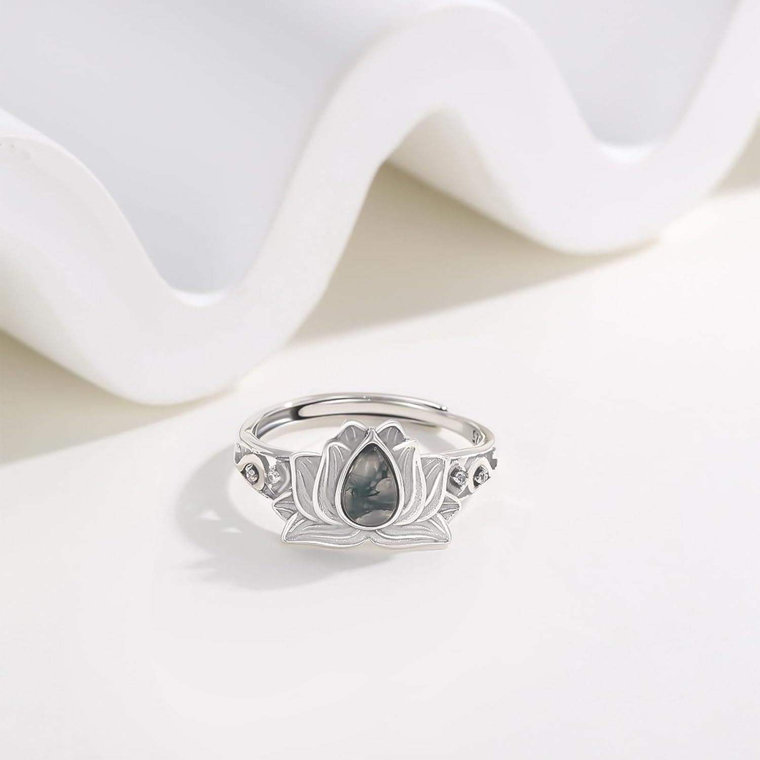 Lotus Moss Agate Ring 925 Sterling Silver Lotus Ring Promise Wedding Rings for Women Lotus Jewelry Gifts for Women Birthday Mother's Day - Image 3