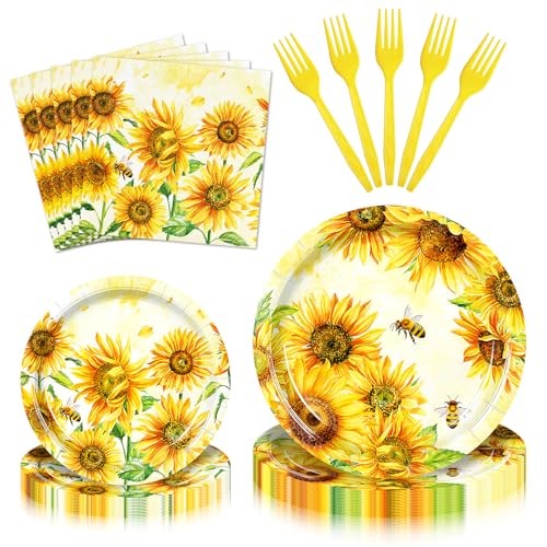 100 Pieces Sunflower Bee Party Tableware Set Sunflower Plates Napkins and Forks Yellow Floral Disposable Dinnerware for Birthday Baby Shower and Garden Party Supplies