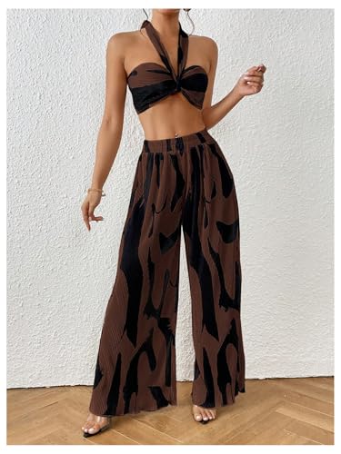 OYOANGLE Women's 2 Piece Outfits Graphic Print Knitted Crop Halter Top and Wide Leg Pants Set3