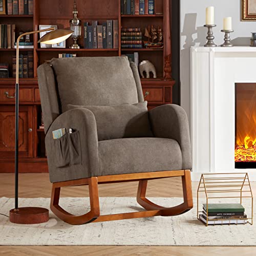 Image of Iroomy Accent Rocking Chair, Modern Upholstered Rocking Chair Glider Rocker High Back Arm Chair W/2 Pockets, Rocking Chair Indoor for Living Room, Bedroom, Nursery-Dark Grey