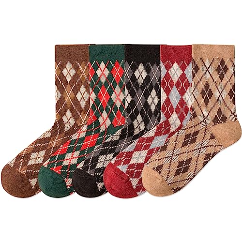 Image of IIG 5 Pairs Womens Pretty Vintage Wool Socks Unique Print Design Soft Cozy Warm Crew Socks Christmas Gift