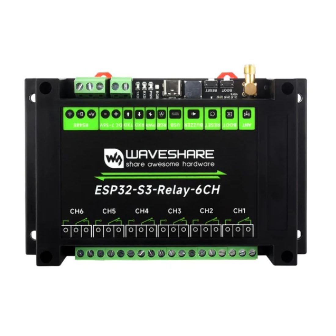 Waveshare 6 Channel ESP32-S3 Relay Module WiFi Bluetooth RS485 | Industrial 10A/250VAC Relays, Pico HAT Compatible, Dual-Core MCU for Smart Home, IoT Automation & Industrial Control Systems Module