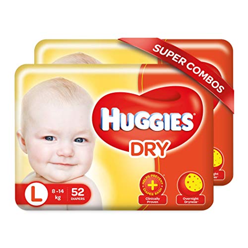 Image of Huggies New Dry Large Size Diapers Combo Pack of 2, 52 Counts Per Pack (104 Counts) & Mamaearth Natural Repellent Mosquito Patches For Babies with 12 Hour Protection,White,Pack of 1