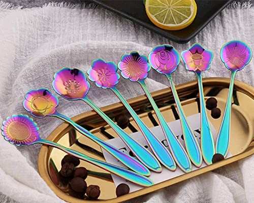 Flower Spoon Set Stainless Steel Teaspoons Reusable Coffee Stirrers Colorful Tea Scoops Coffee Spoon Tea Spoon Mixing Spoon Sugar Spoon, Ice Cream Spoon, Condiment Or Spice Spoon, Set Of 8，Rainbow #TOP2