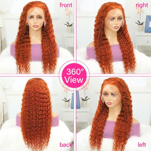 Image of 32 Inch Ginger Lace Front Wigs Human Hair 13x4 Deep Wave Lace Front Wigs Human Hair 350 Burnt Orange Wet Wavy Curly Wig Human Hair Pre Plucked 180% Density Water Wave Colored Glueless Wig for Women