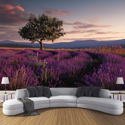 Papel Tapiz Fotográfico Sueño Paisaje, 150Anx105Al cm Fondo de Pantalla Campos De Lavanda Puesta De Sol Papel Pintado, Decoración de Pared para Sala Restaurante Cuarto Oficina Salón, Púrpura