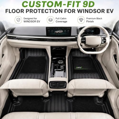 Image of EV MASTER 9D Car Floor Mats for MG Windsor EV Hybrid (2026 Onwards) Complete Set | Anti Slip Full Coverage Premium Luxury Car Floor Mats | Washable Waterproof All Weather
