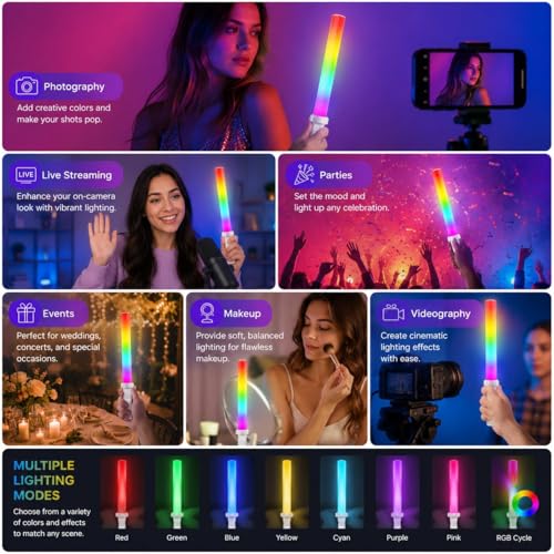 Image of Clefairy Handheld RGB LED Video Light Wand, 5400mAh Rechargeable Battery, Bi-Color 2700K-6500K Tube Light for Photography, YouTube, Vlogging & Content Creation