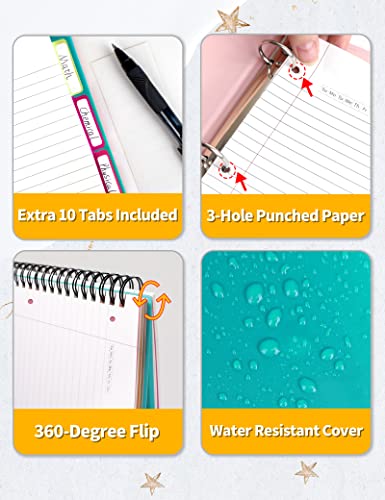 Sunee 5 Subject Notebook College Ruled - 300 Pages, 8.2"X10.8", Spiral Lined Notebook With 5 Pocket Colored Dividers, 3-Hole Punched Paper, Teal Notebooks For School Supplies, Home & Office, Writing Journal #TOP4