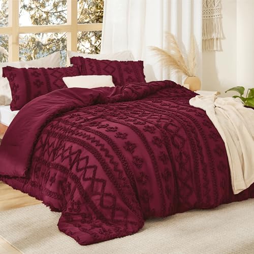 Image of Bedsure Tufted Boho Comforter Set Queen Size - Burgundy Boho Bed Set, GentleSoft 3 Pieces Farmhouse-Style Embroidery Bedding, Gifts for Woman, Soft Jacquard Kids' Queen Comforter for All Seasons