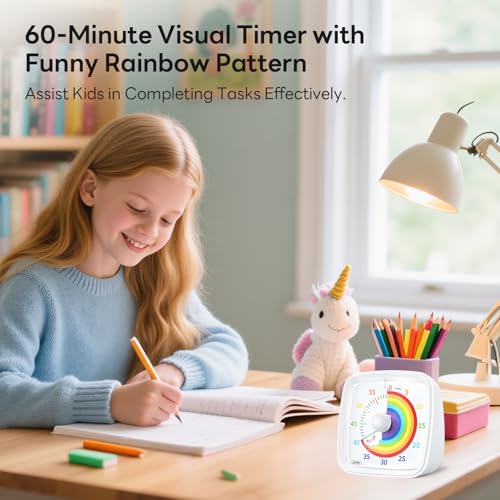 Image of Yunbaoit Visual Timer with Night Light, 60-Minute Rainbow Countdown Timer for Kids and Adults, Time Management Tool for Home, School, Kitchen, or Office (White)