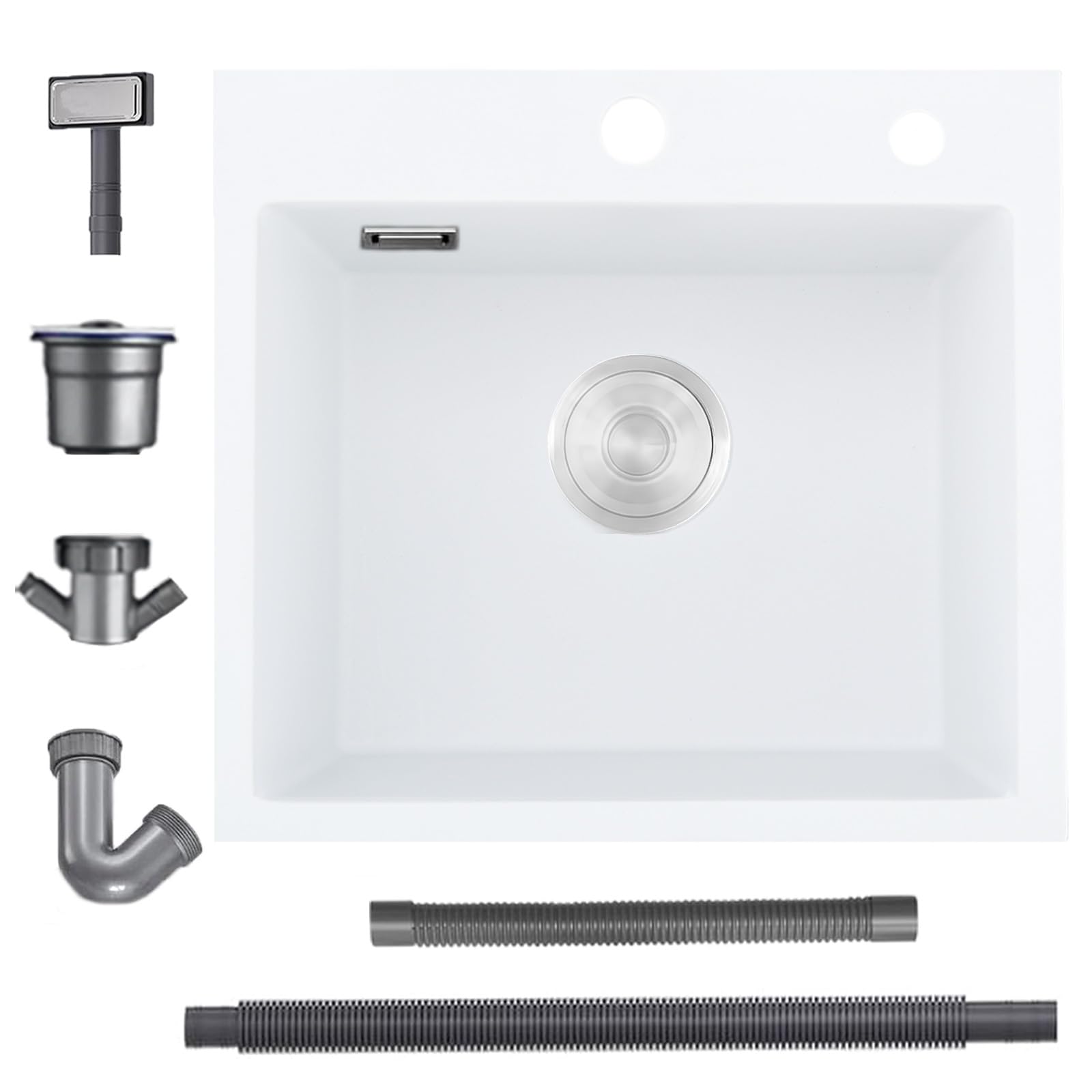 Small Kitchen Sink, 50x45cm, Bokaiya Drop in Topmount Quartz Composite Kitchen Waste Kit, Deep Single Bowl Campervan Sink, with 2 Tap Holes (White)