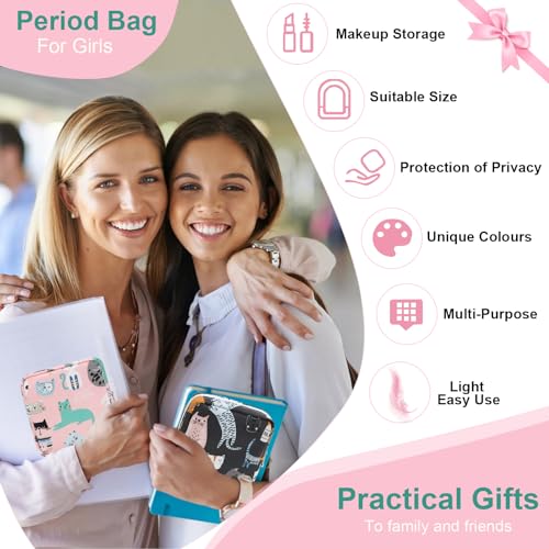 Desing Wish Period Bag Sanitary Napkin Storage Bag for Feminine Pads Panty Liners Tampons and Reusable Pads, Sanitary Pads Pouches First Period Kit for Teen Girls/Women 2 Pack (Pink/Grey Cat)