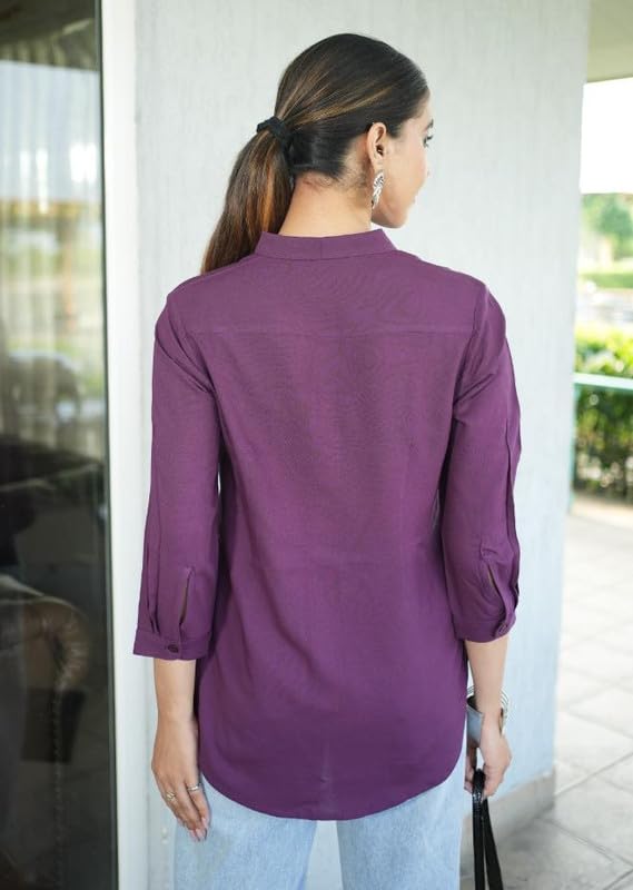 Image of Mlada Hemline Solid Shirts for Women | 3 /4 Sleeves Classic Rayon Shirt for Office Wear | Collared Neck Shirt for Girls | Regular Fit Shirts | Smart Formal Button Down Shirt for Women