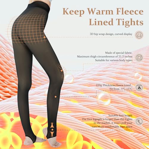 Image of UISLII Fleece Lined Tights Women, Warm Pantyhose leggings Women,Fake Translucent Thermal Skin Colored Tights for Winter(Black Medium -Medium Height)