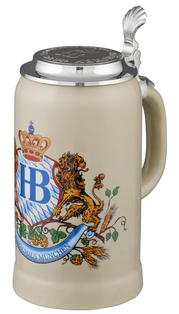 Hofbräuhaus München Stein Bierkrug Löwendekor mit Zinndeckel 1 L | Original Maßkrug | Bierglas mit HB Logo, Geschenkidee für Herren und Damen