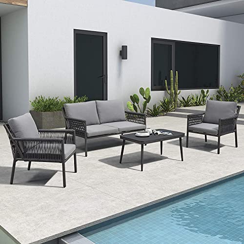 Image of DEVOKO Outdoor Living Space 4 Seater Conversation Sofa Set Ideal for Patio, Garden and Indoor Use Stylish Rope Furniture with Comfortable Cushions and Center Table (Black & Grey)