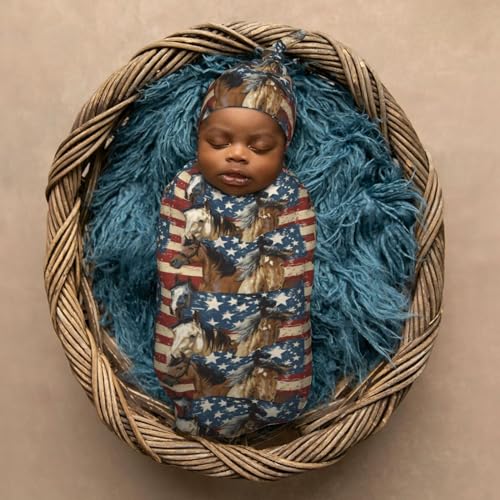 Image of Horses On American Flags Newborn Swaddle Blankets Hat Sets Soft Baby Receiving Blanket Swaddle Sack for Baby Shower Infant Boy Girl Gift