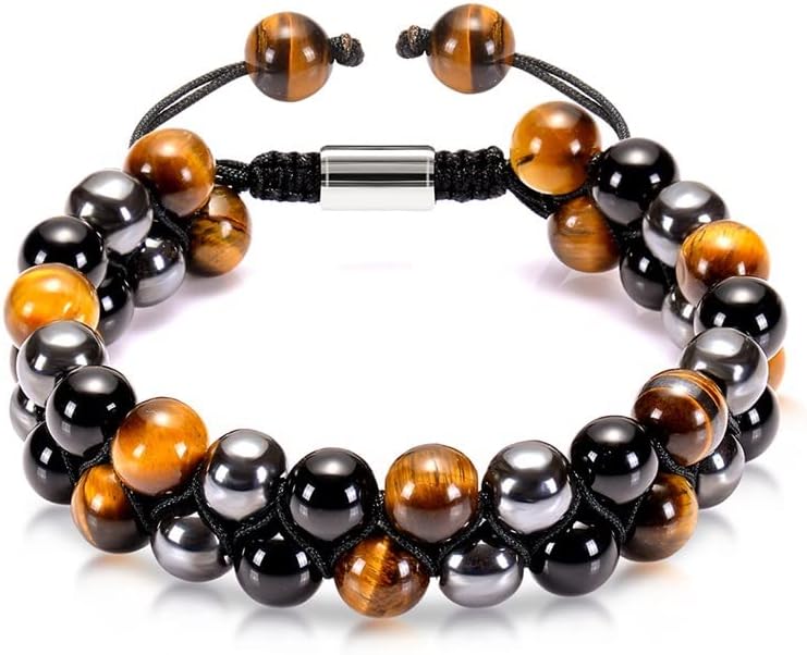 Xrunhua Triple Protection Crystal Bracelet for Men Women Genuine Tigers Eye Obsidian Black Onyx Hematite Lava Rock Beaded Bracelets Bring Luck and