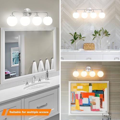 Image of Modern 4-Lights Brushed Nickel Vanity Lights Over Mirror, Bathroom Lighting Fixtures with Milk White Globe Glass Shade, Industrial Bathroom Wall Sconce for Dressing Table Bedroom Living Room