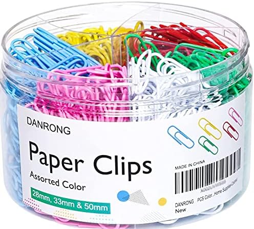 DANRONG 520 PCS Colored Paper Clips Assorted Sizes, Small Medium and Large (1.1", 1.3" & 2"), Colorful Paperclips for Office, School, Home Supplies-Colored