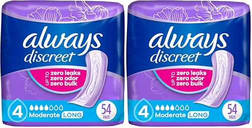 Image of Always Discreet Incontinence Pads for Women, Moderate Absorbency, Long Length, 54 Count (Pack of 2)