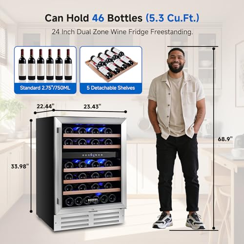 Image of BODEGA 24 Inch Wine Fridge, 46 Bottle Dual Zone Wine Cooler, 41-72℉ Compressor Wine Refrigerator with Tempered Glass Door, Built-in or Freestanding Wine Cooler for Home Kitchen Bar (5.3 cu.ft).