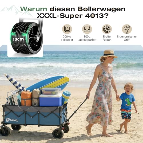 Sekey XXXL Bollerwagen Faltbar 300L 200KG Belastbar, verlängerter Faltbollerwagen mit Extra Breite 17x10 cm All-Terrain-Räder Handwagen, Patentiert 4-Wege-Sofortaufbau Transportwagen, Blau mit Grau