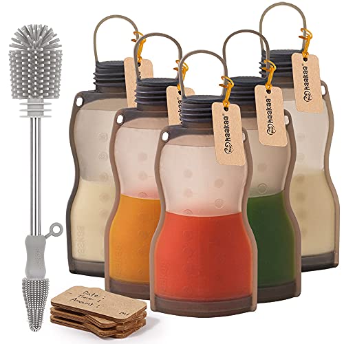 Image of haakaa Silicone Breastmilk Storage Bag 5pk & Grey Silicone Cleaning Brush Set
