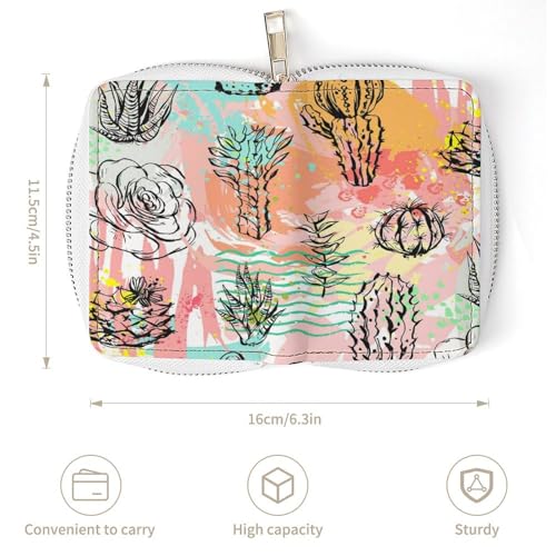 Women Leather Coin wallet, Key Change Organizer Zipper Card Holder Purse Clutch Pouch Pocket 4.5x3.15 in Print Beautiful Cacti Cactus Flowers Texture3