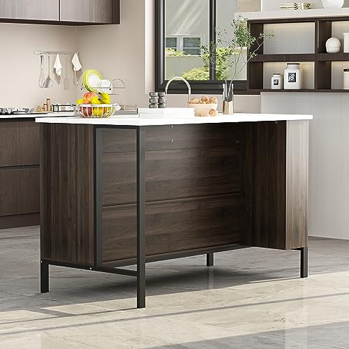 Image of Homsee Modern Brown & White Kitchen Island with Marble Grain Top, 55.1 inchW x 30 inchD x 36 inchH, 2 Drawers & 6 Shelves, Stationary Table for Kitchen & Dining Room