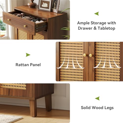 LITTLE TREE Shoe Cabinet for Entryway, 4-Tier Shoe Organizer with Adjustable Shelves & Drawer, Freestanding Brown Shoe Cabinets with Rattan Doors for Hallway, Bedroom, Living Room