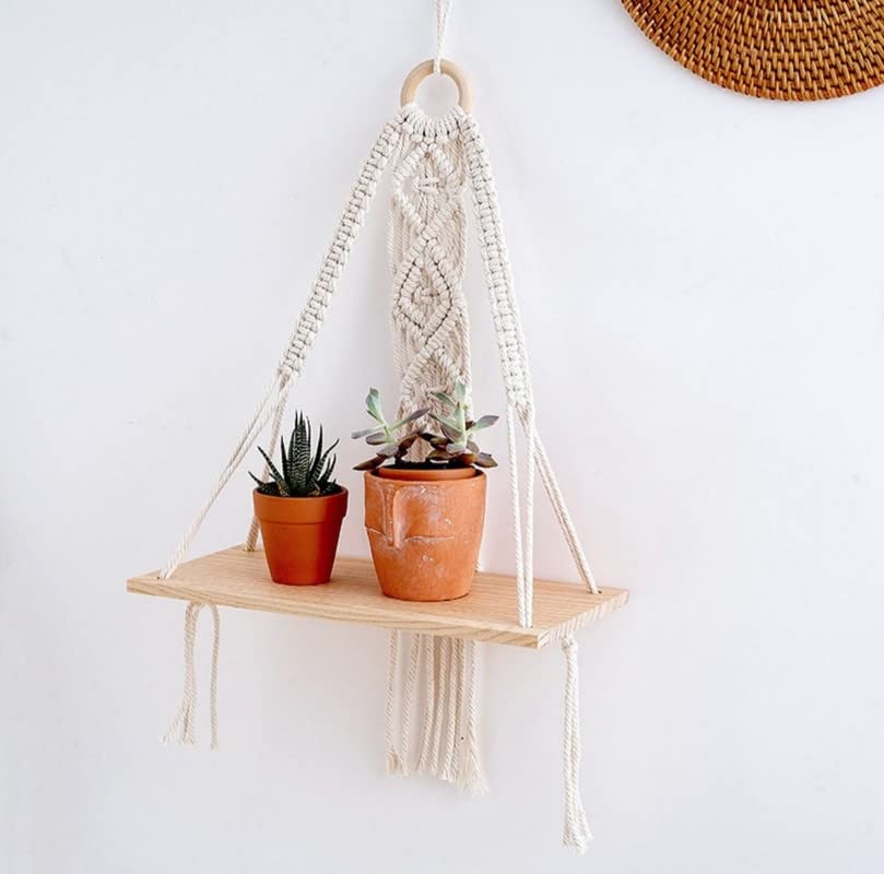 RAINBOW HOMES Macrame Wall Hanging Shelf Decorative Floating Shelf- Boho Plant Display Rack to Organize and Decor for Living Room, Dorm, Bedroom, Bathroom - Design 3