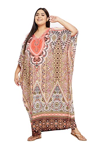 Image of Women Long Maxi Plus Size Polyester Kaftan Gown, Womens Kaftan Dresses | Lounge Resort Wear, Batwing Sleeve Side Slit, Beach Cover Up, House Dress, Lightweight V Neck Loose Fit Boho Dress