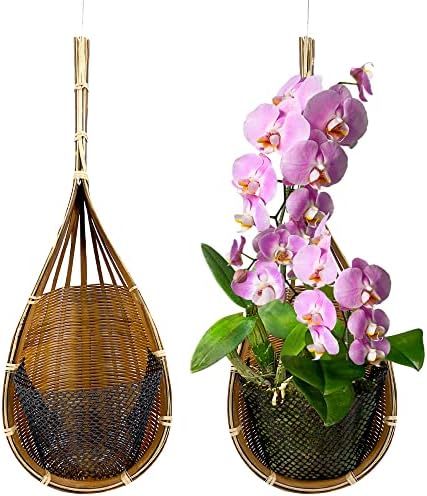 PANWA Handmade 100% Thai Bamboo Woven ~6 Inch Super Sanctuary Hanging Orchid Basket Set of 2 Multi-Purpose Bird Nest Style Plant Hangers for Gazebo Indoor/Outdoor Flower Planter Natural Brown
