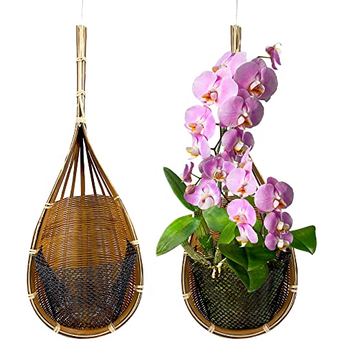 Panwa Handmade 100% Thai Bamboo Woven ~6 Inch Super Sanctuary Hanging Orchid Basket Set Of 2 Multi-Purpose Bird Nest Style Plant Hangers For Gazebo Indoor/Outdoor Flower Planter Natural Brown #TOP13