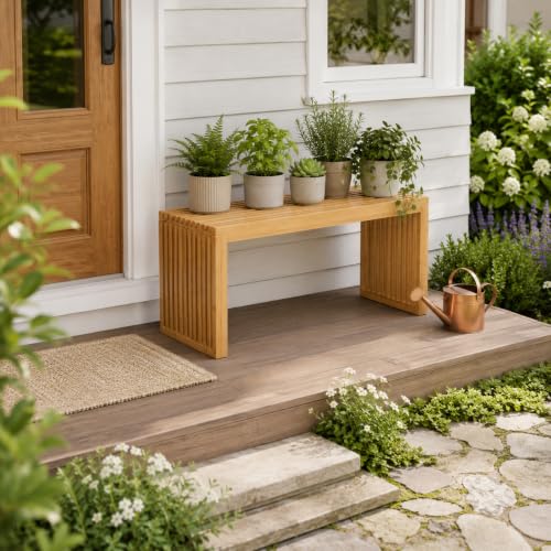 Image of APRTAT Bamboo Dining Bench 35 Inch Indoor Wooden Shoe Benches for Entryway