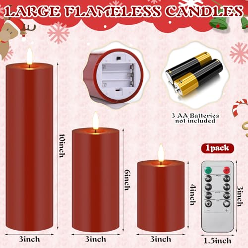 Image of Retisee 3 Pcs Fall Thanksgiving Large Flameless LED Battery Operated Candles with Remote Halloween Real Wax Candles for Indoor Outdoor Party Wedding Lights Decorations (Red)