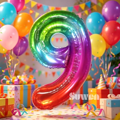 Image of SUWEN Rainbow Number 9 Balloon 40 Inch,Big Colorful Balloons 0-9 | Large Gradient Jelly 9th Helium Foil Mylar Number Multicolor Balloons for Birthday Anniversary Party Decorations